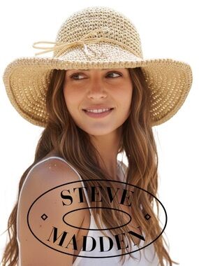 Steve Madden Natural Tan Woven Paper/Straw Wide Brim Packable Beach Hat (O/S)